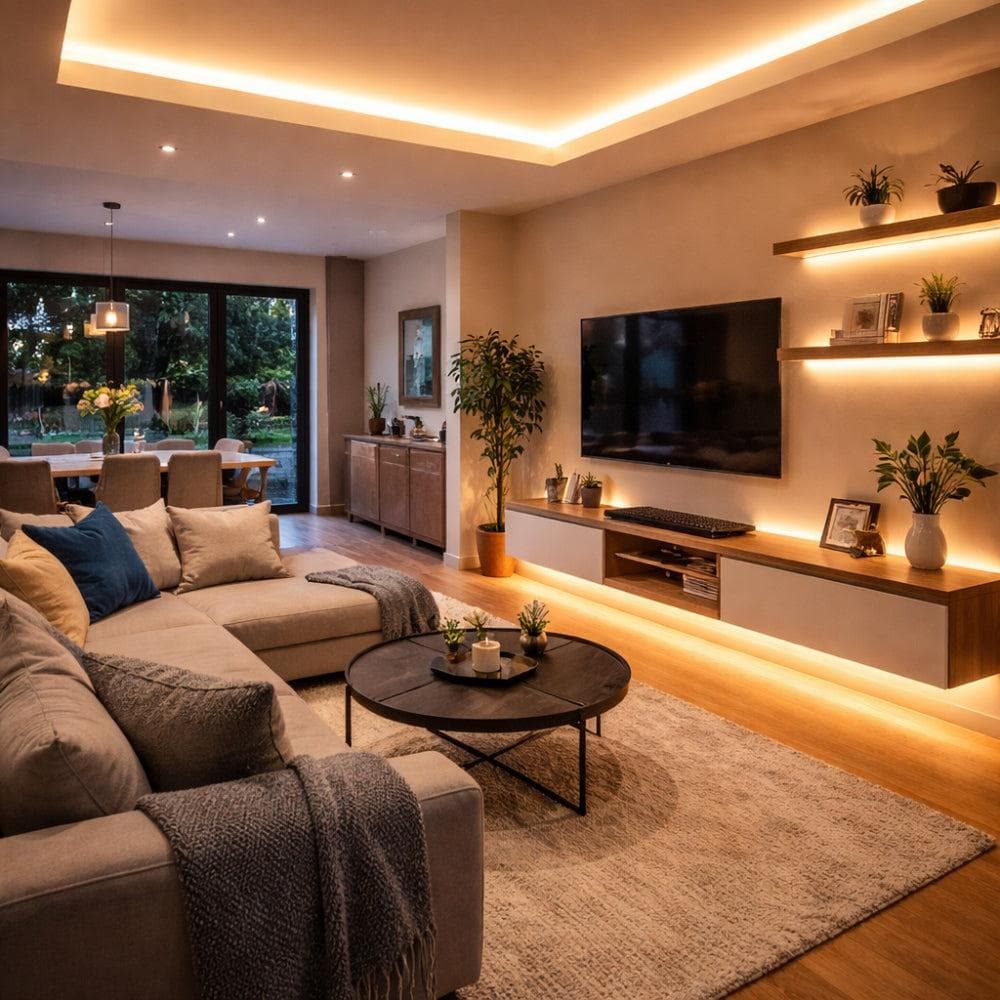 Modern LED strip lighting solutions featuring ambient illumination, concealed lighting designs, energy-efficient technology, and luxury interior aesthetics for contemporary homes.