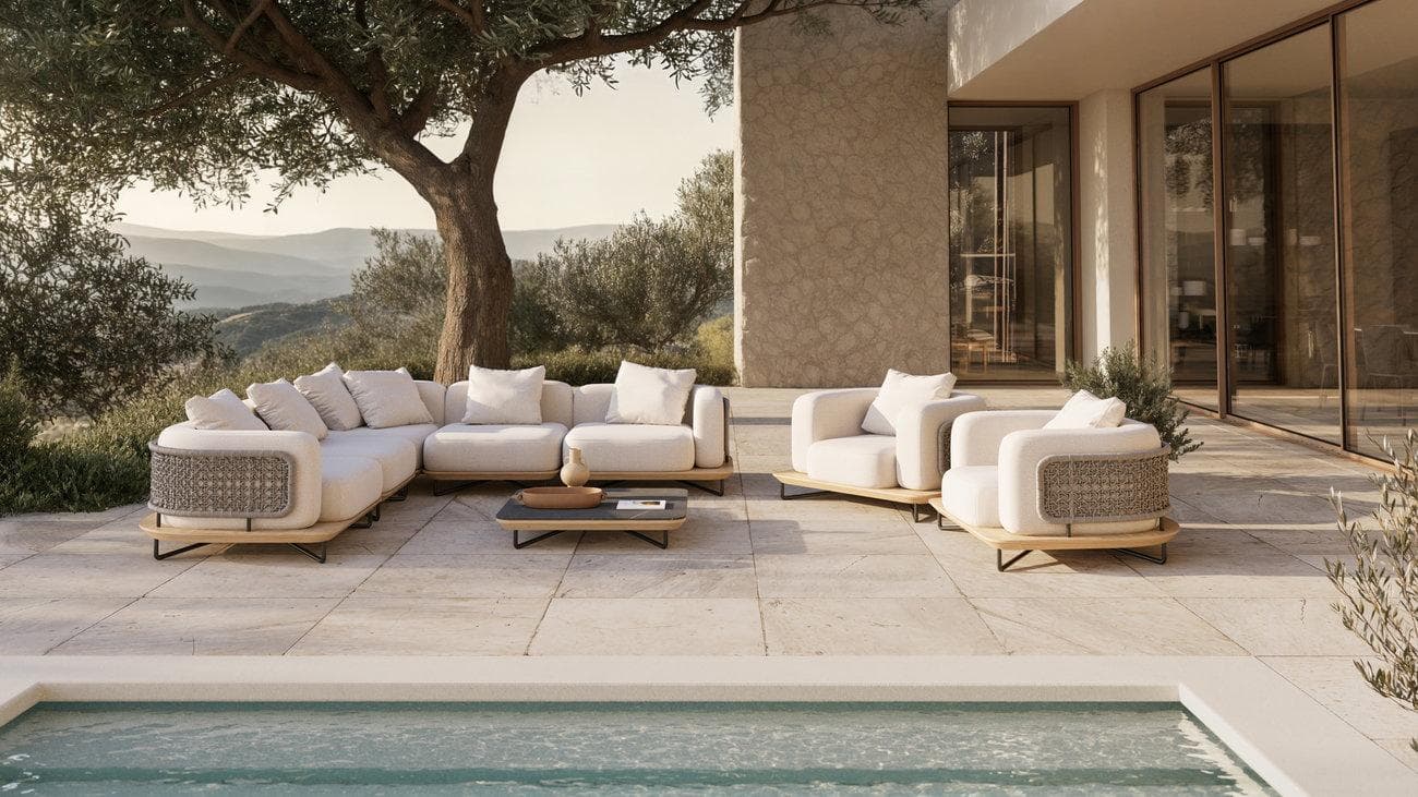 Luxury outdoor seating design featuring weather-resistant furniture, elegant patio arrangements, premium landscaping, and comfortable open-air living spaces.