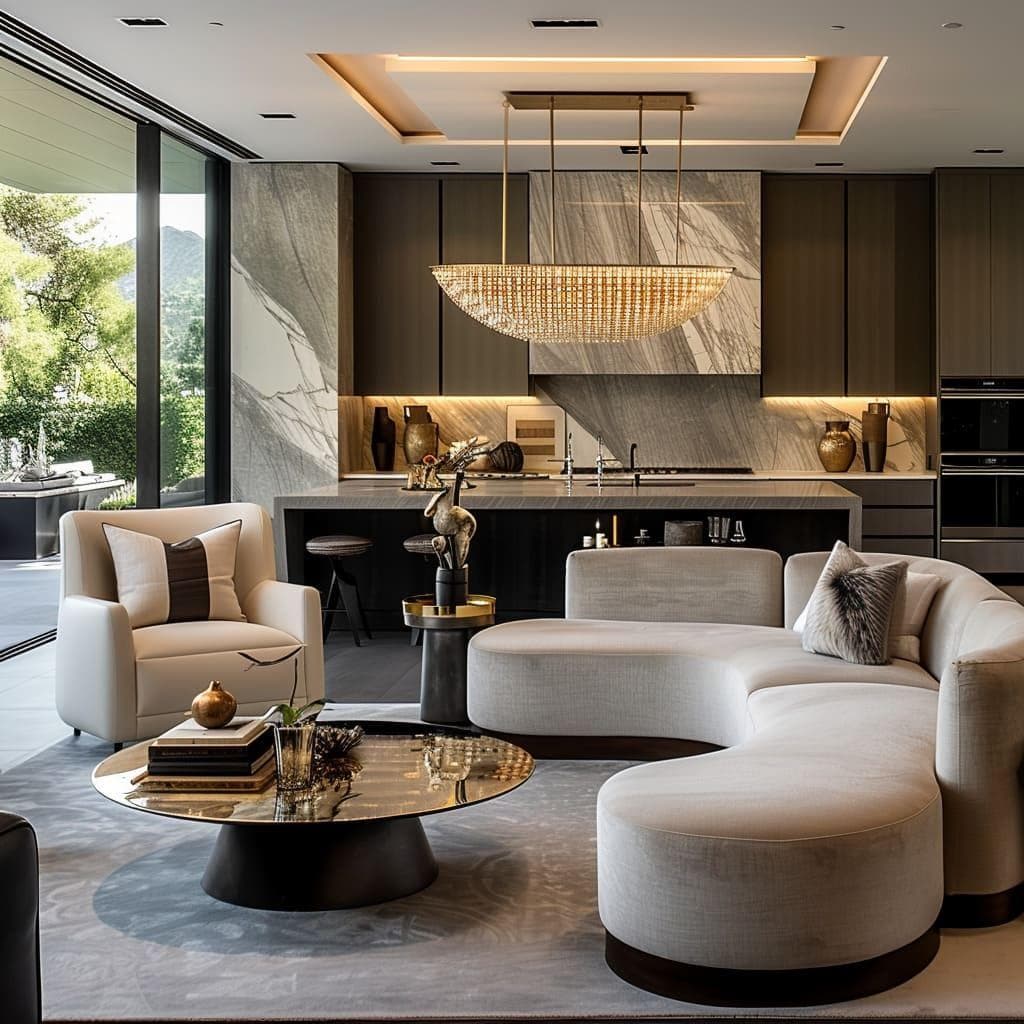 Modern fusion interior style combining contemporary design, traditional elements, premium materials, artistic décor, and elegant living spaces.