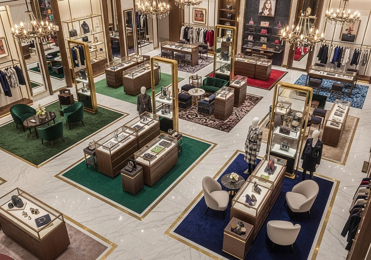 Strategic store layout planning featuring optimized product placement, customer flow design, efficient space utilization, and modern retail interiors.