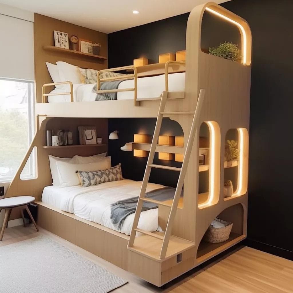 Modern kids bedroom interior with playful decor and smart storage