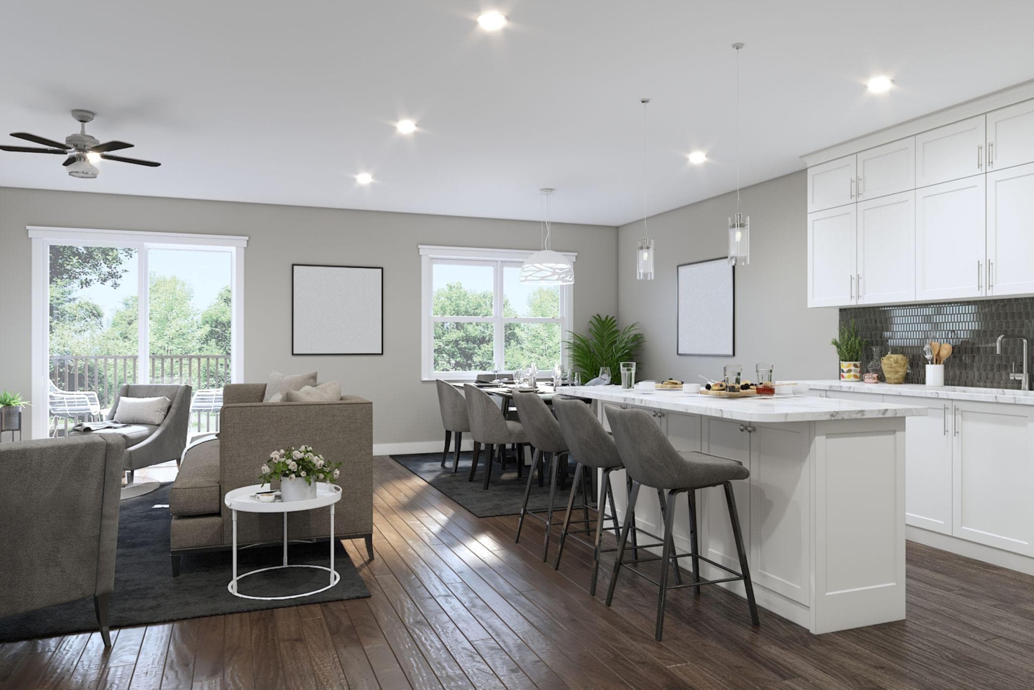 Modern open floor plan combining living room, dining, and kitchen in one seamless space