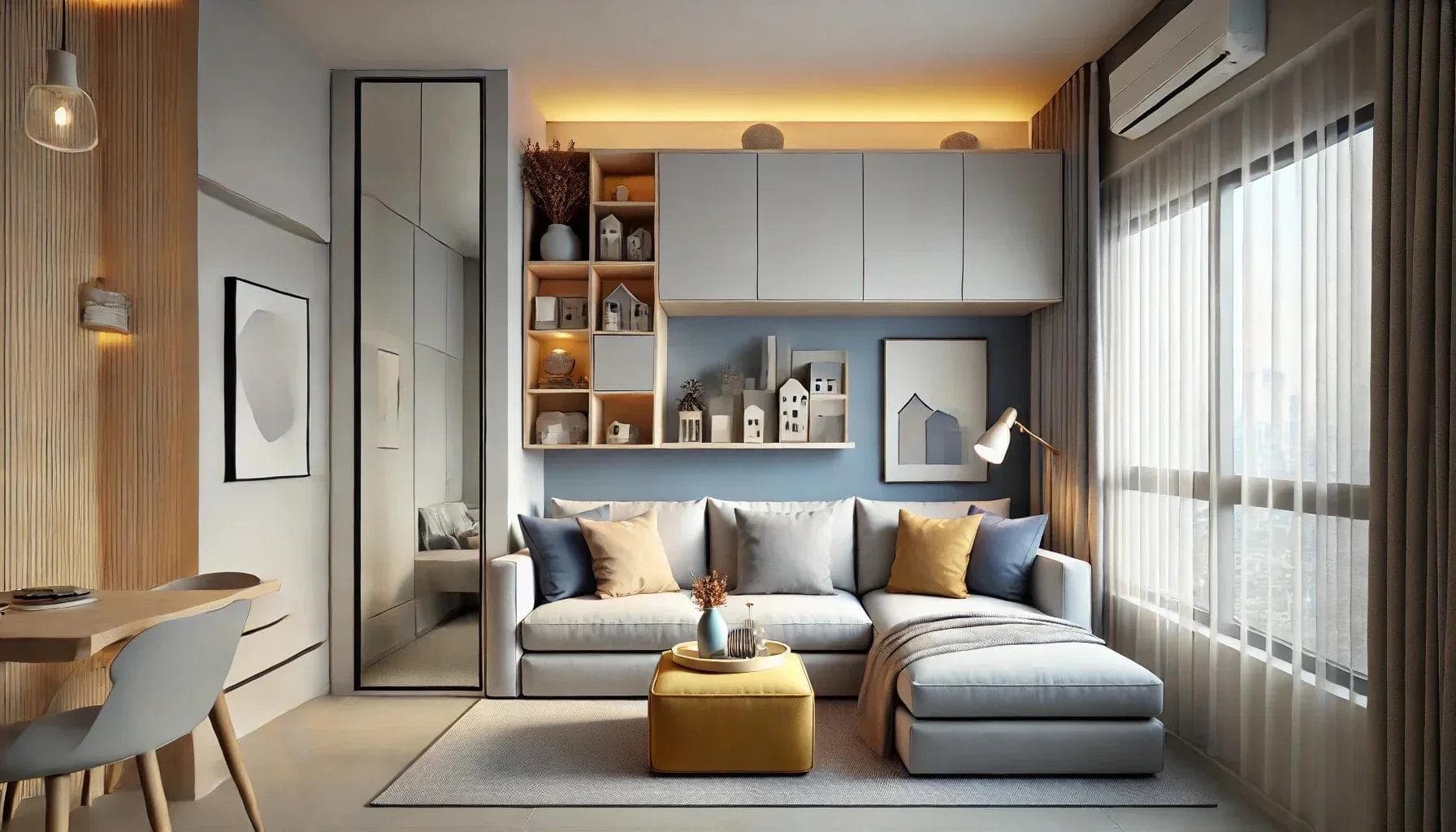 Minimal furniture living room design for small homes with compact sofa and clean layout