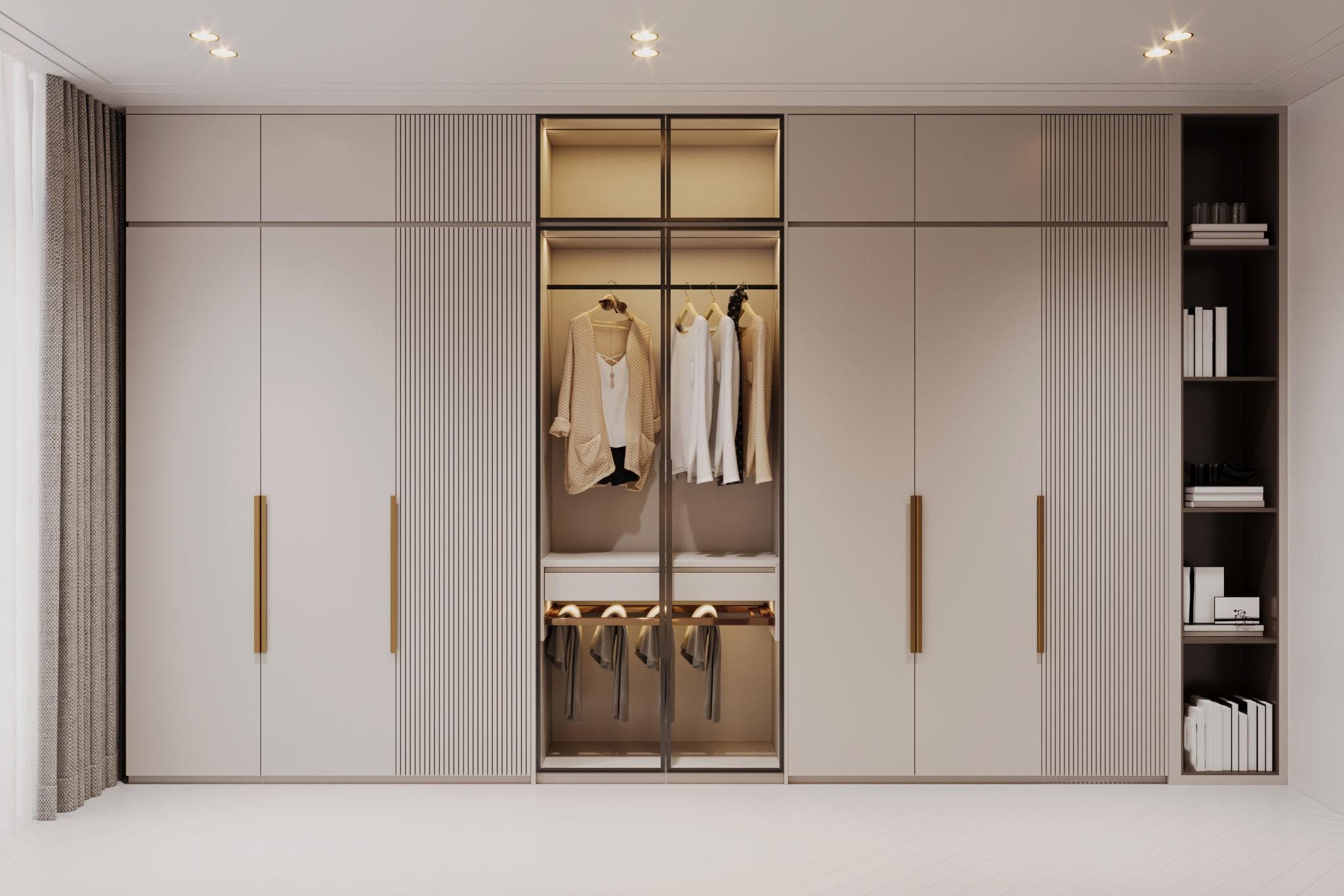 Modular wardrobe interior showing drawers, shelves, and hanging space