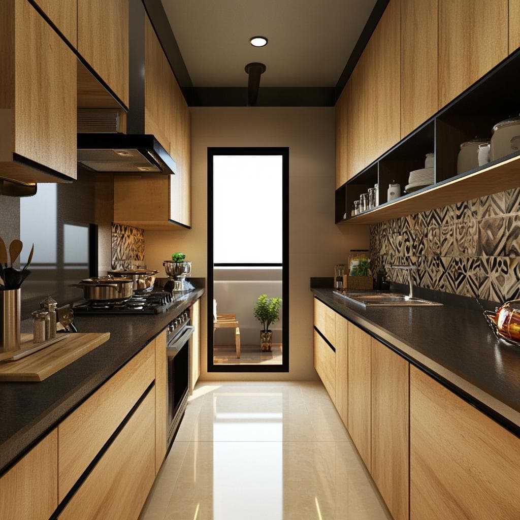Modern parallel kitchen design for small apartment with efficient layout