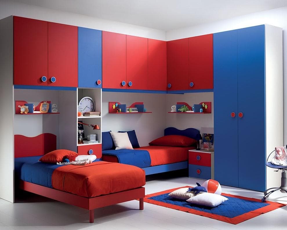 Kids bedroom layout with study table and storage units