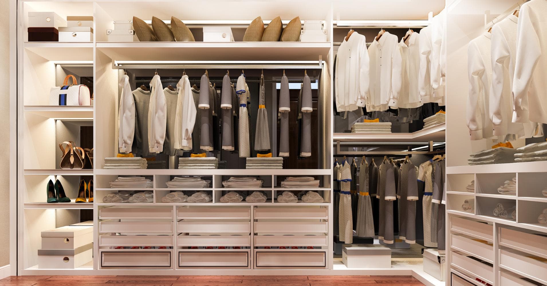 Modern walk-in wardrobe with organized storage layout