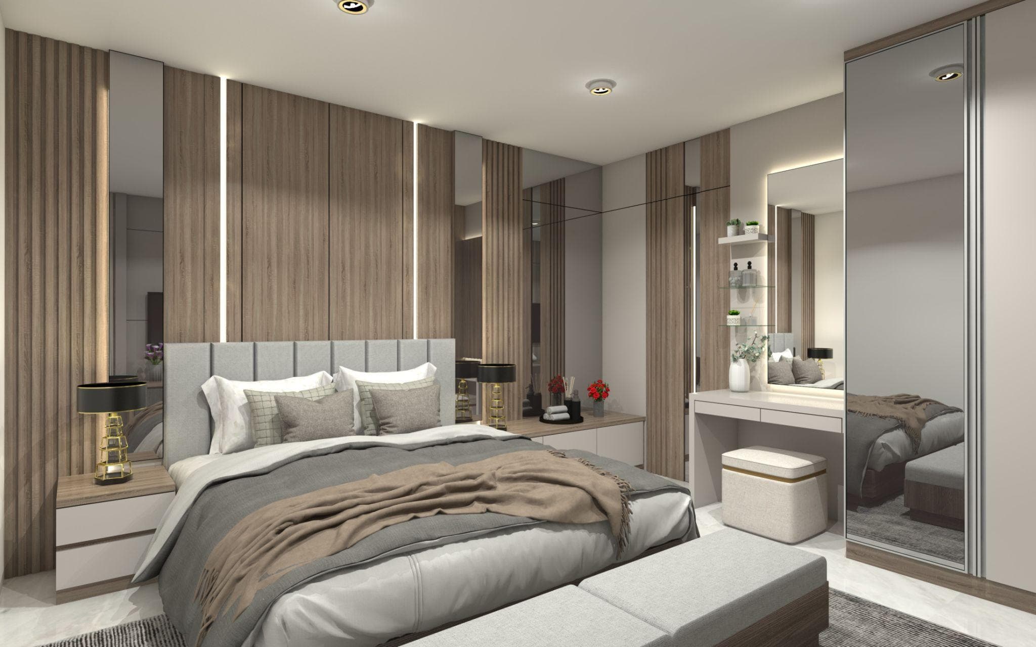 Wooden bed back panel design for modern bedroom