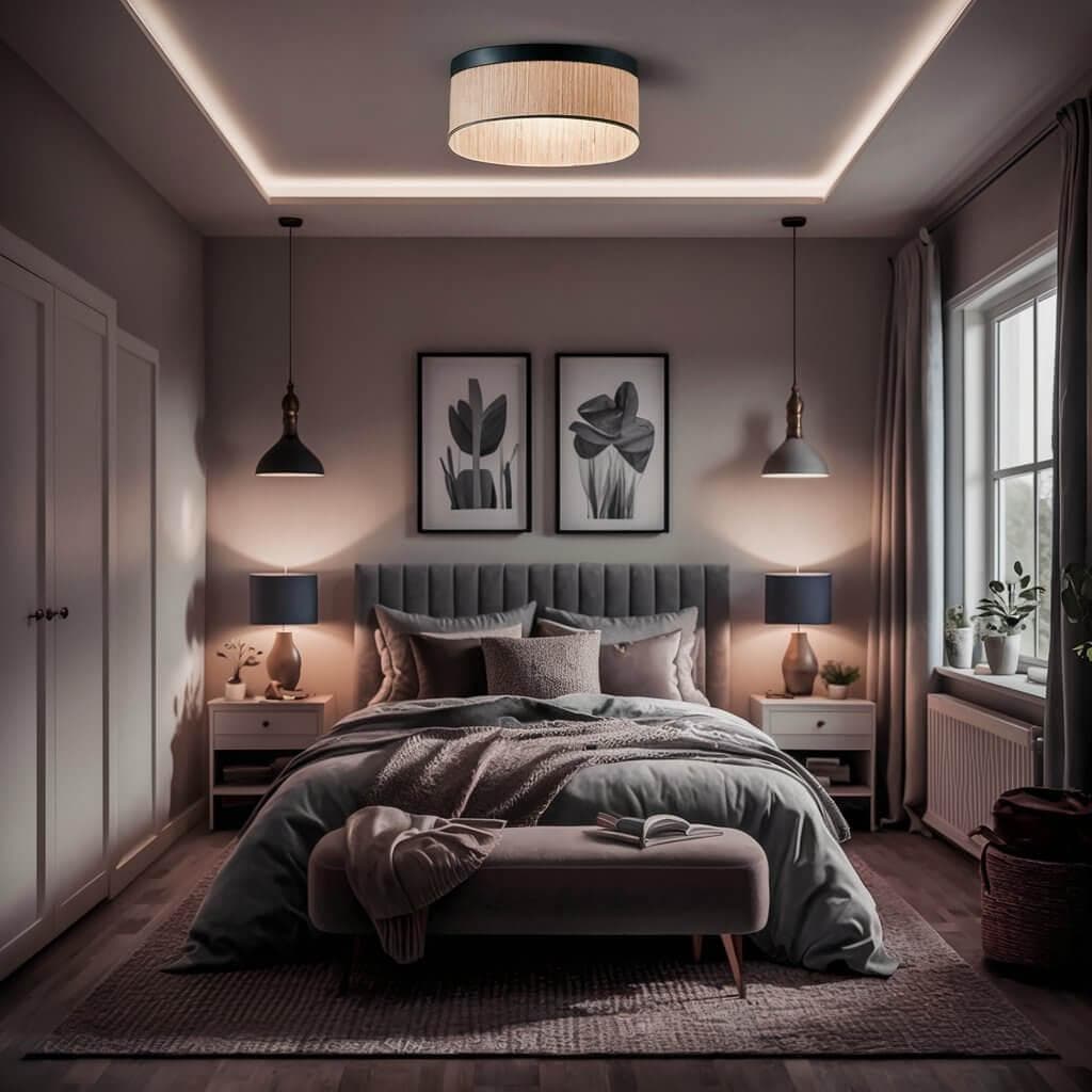 Layered lighting setup in modern bedroom