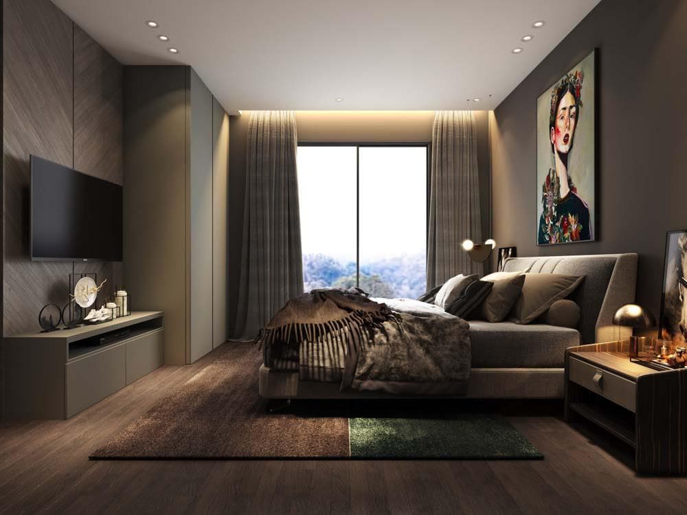 Wooden flooring in bedroom with warm and cozy design