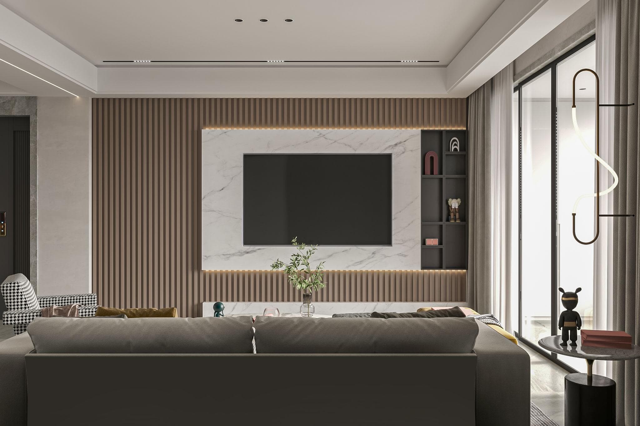 Marble finish TV wall with backlit design