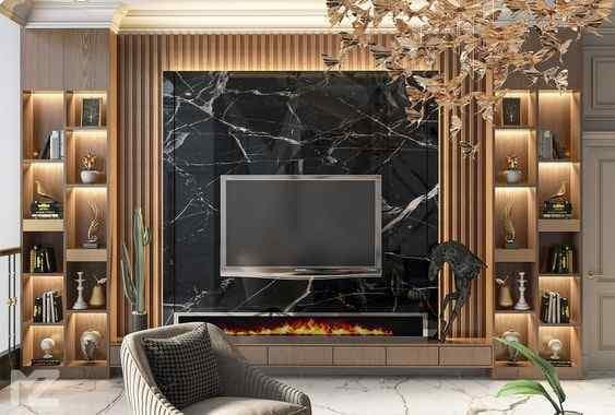 Marble and wood combination TV panel design