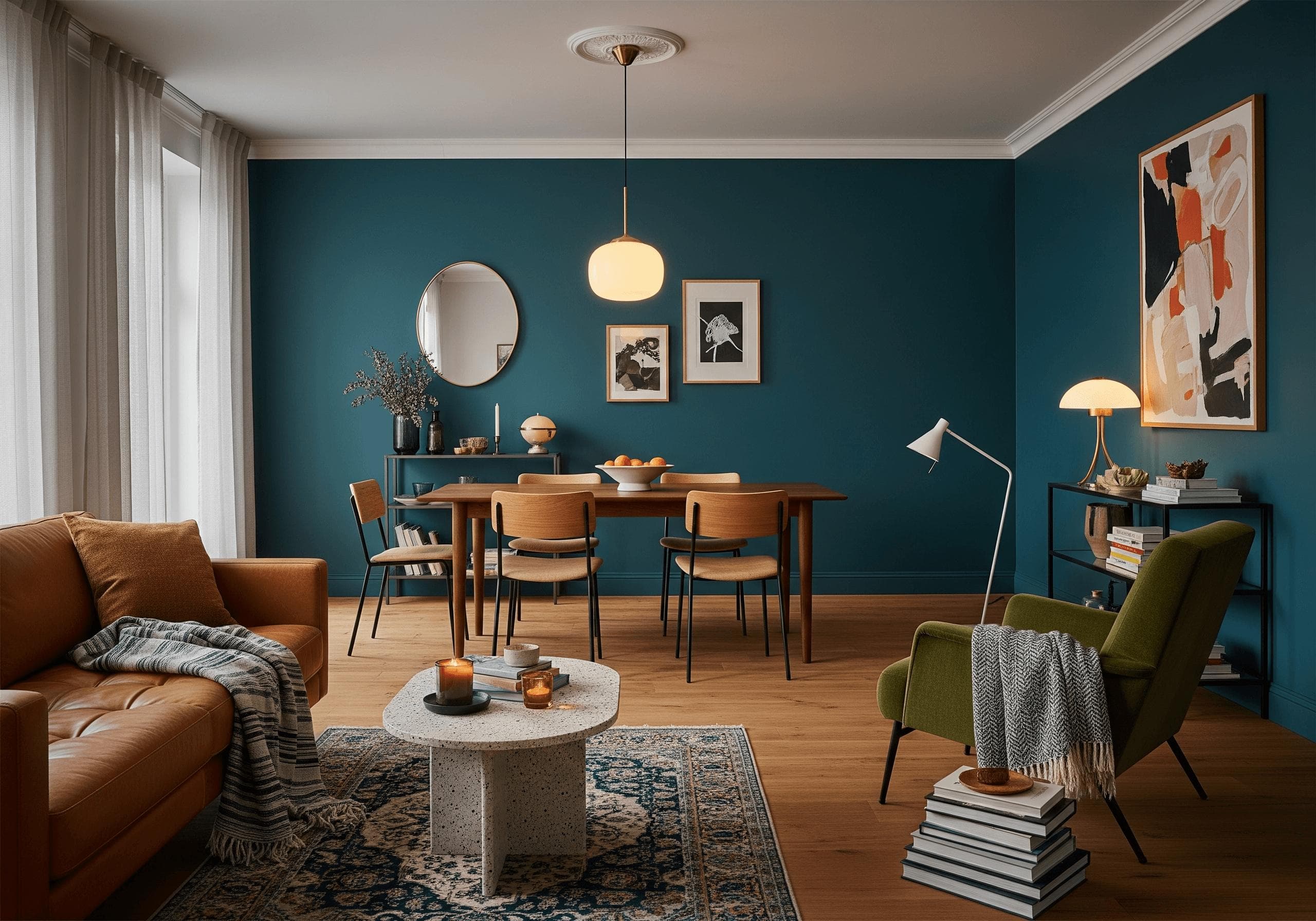 Layered lighting setup in modern living room