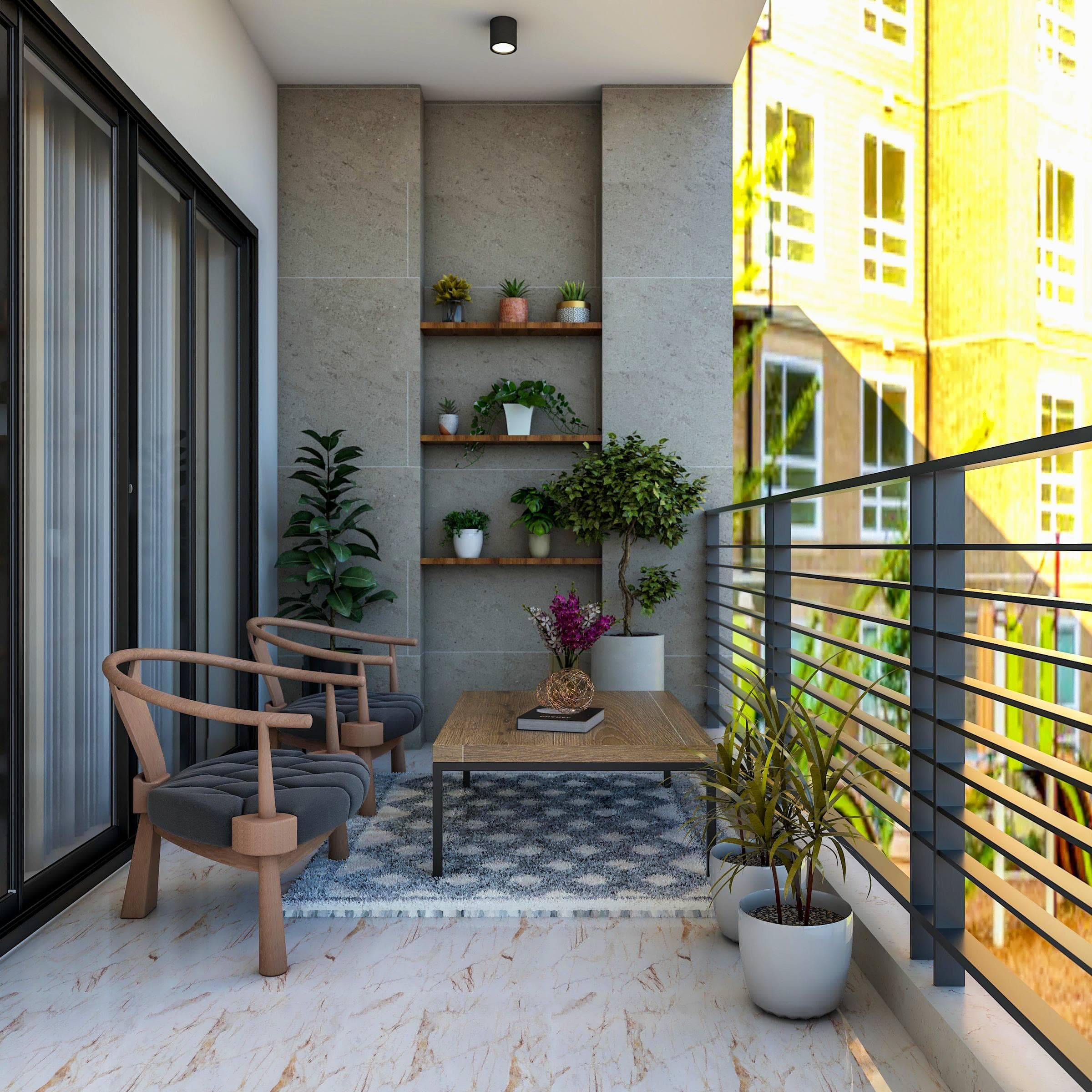 Small balcony seating setup with compact furniture