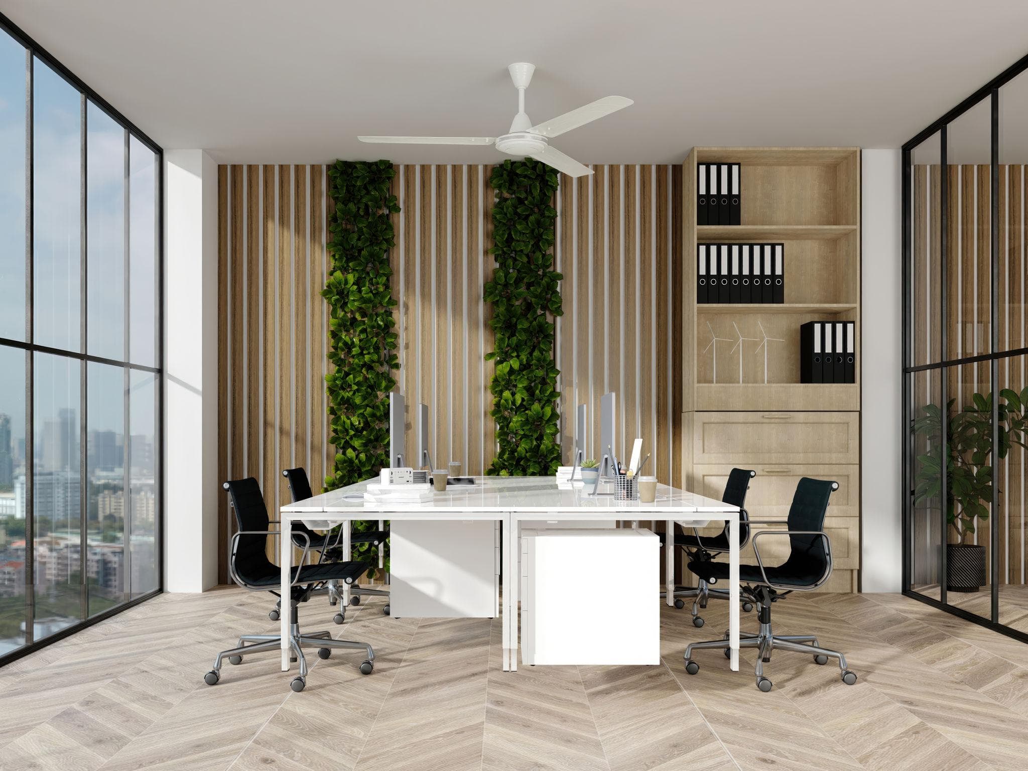 Biophilic office design with plants and natural light