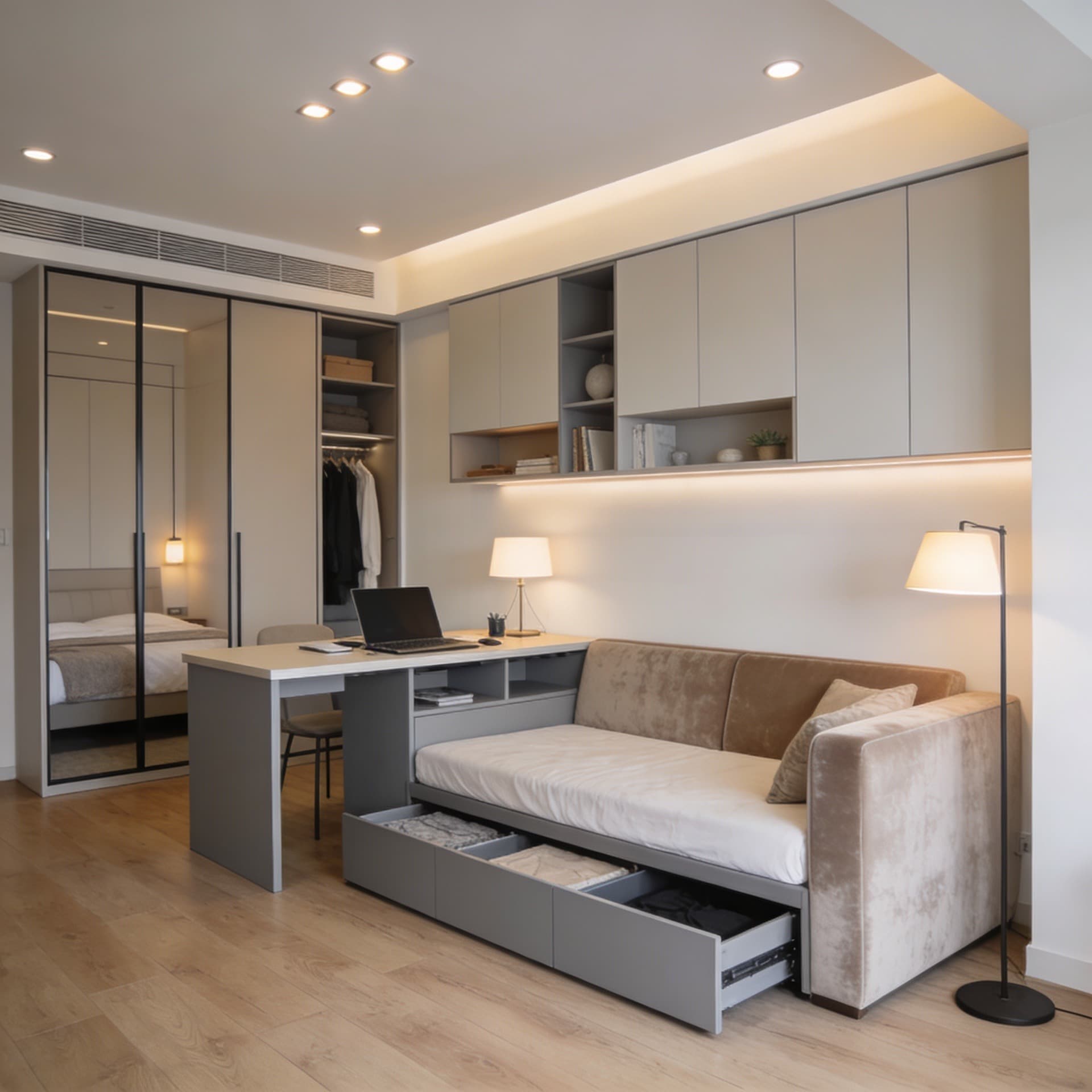 A modern 2BHK apartment interior showcasing smart space optimization with modular furniture, open layout design, and a neutral color palette for a spacious look.