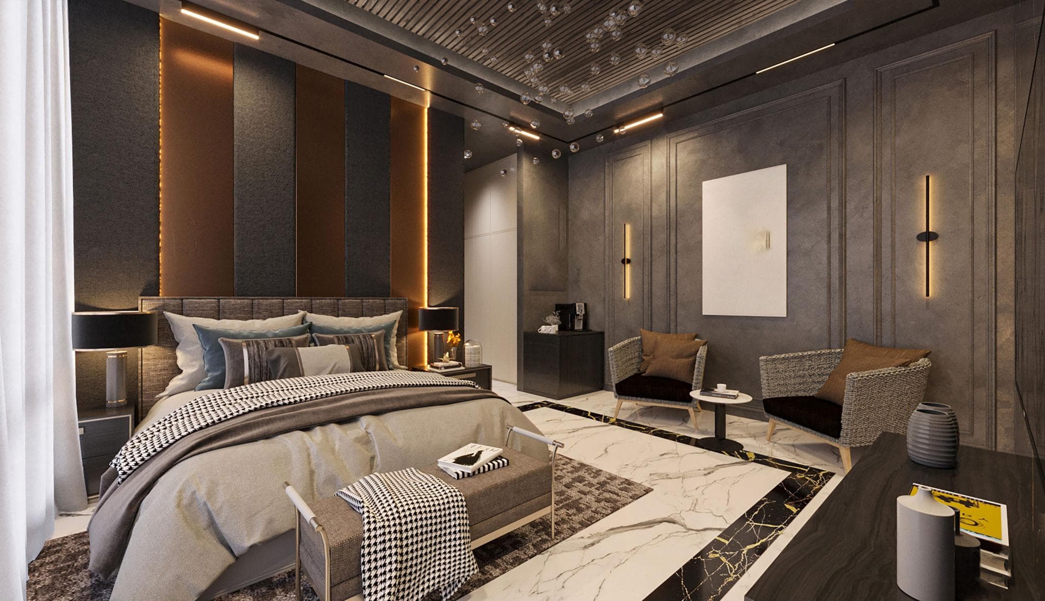 Premium bedroom interior design in Juhu Mumbai with luxury wardrobe and modern lighting