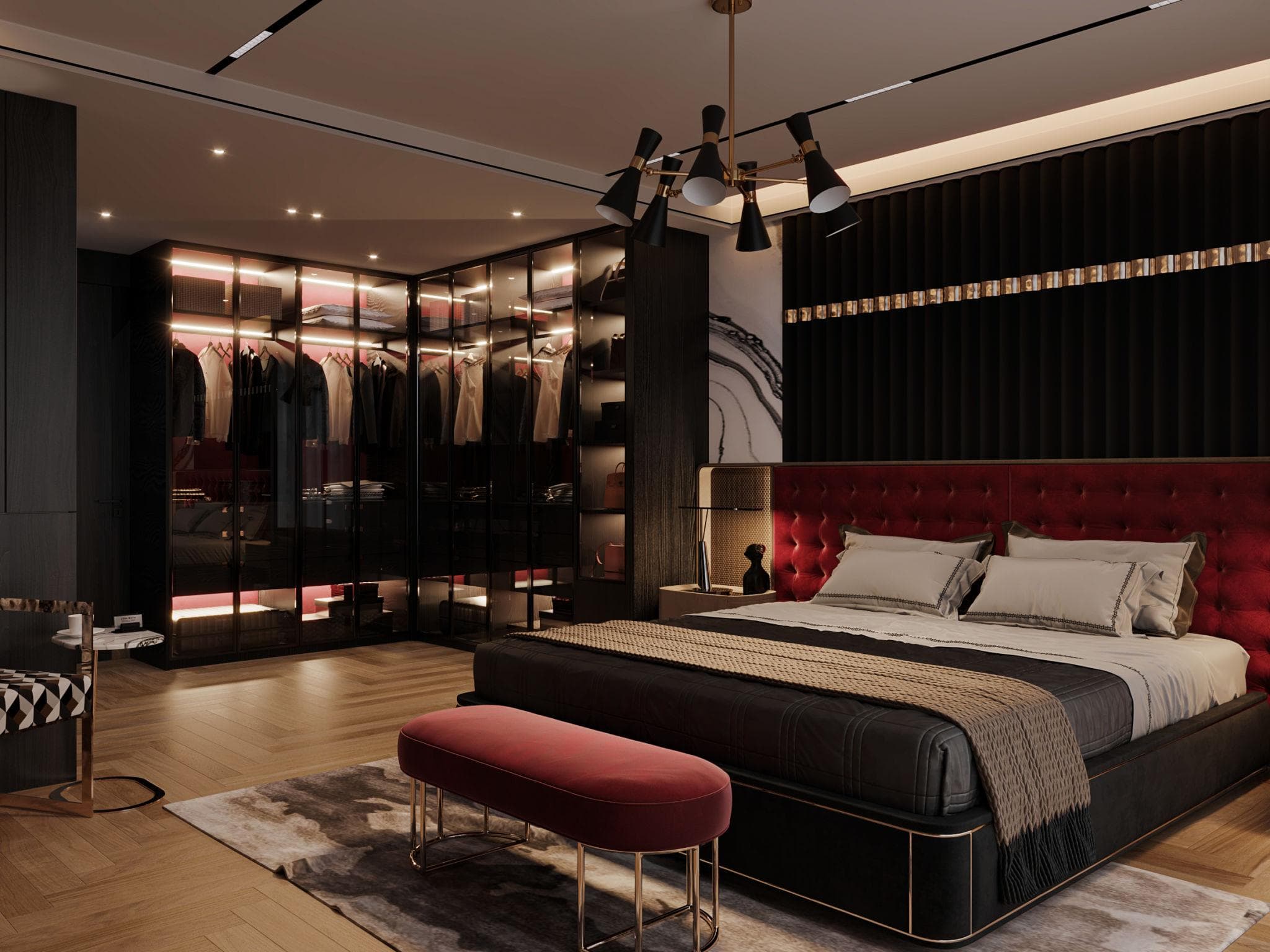 Modern luxury bedroom interior in Pune with walk in wardrobe and ambient lighting