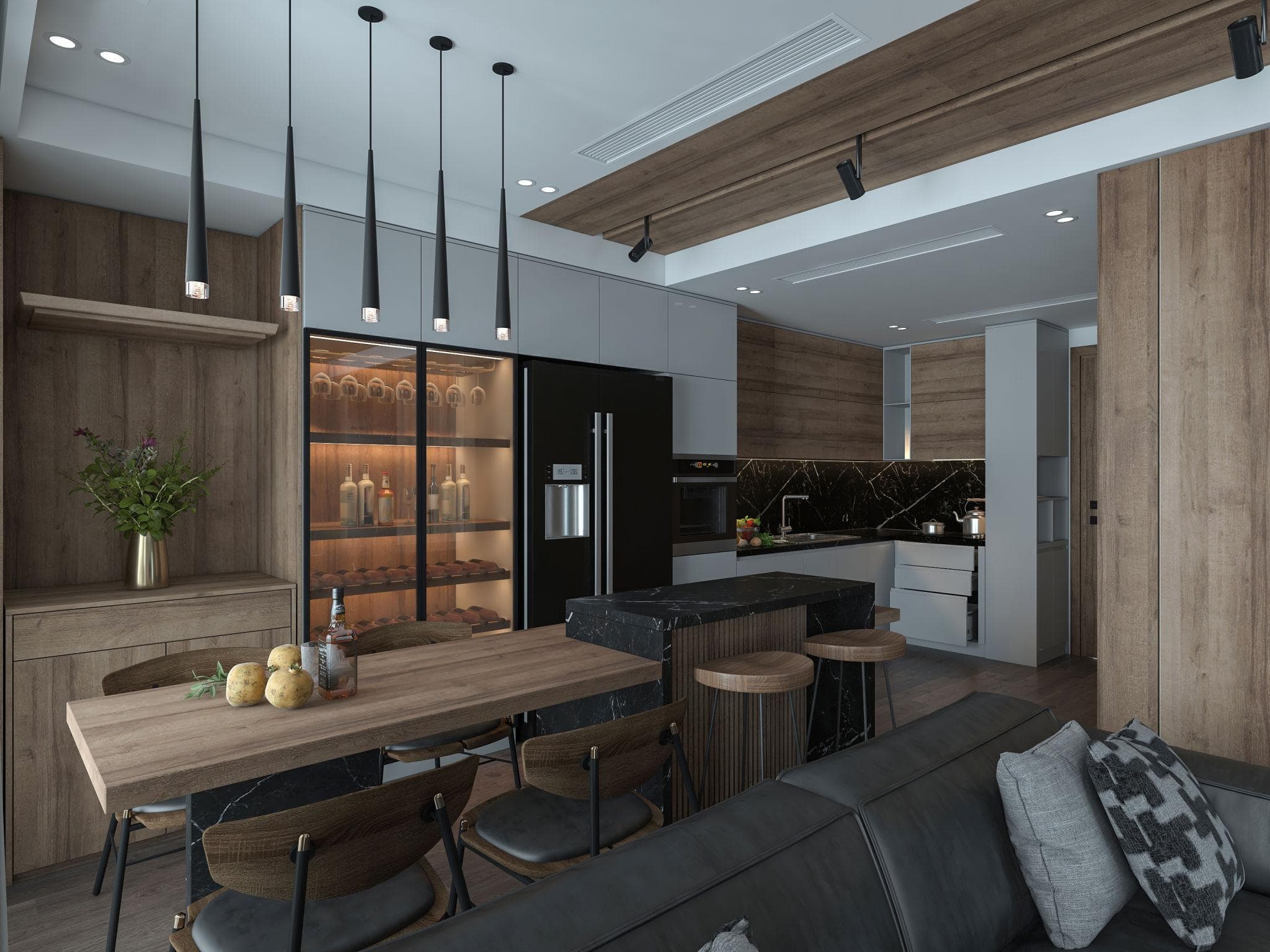 Luxury matte black modular kitchen interior in Indore with modern cabinets and island setup