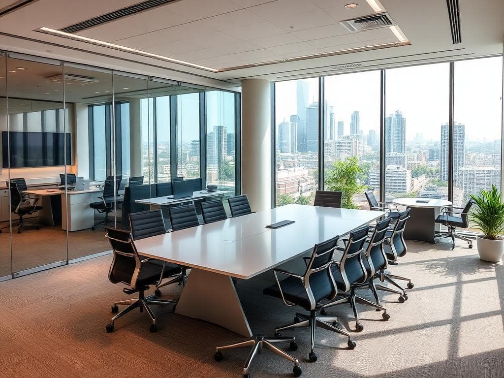 Modern coworking office interior design in Indore with collaborative workspace and contemporary furniture