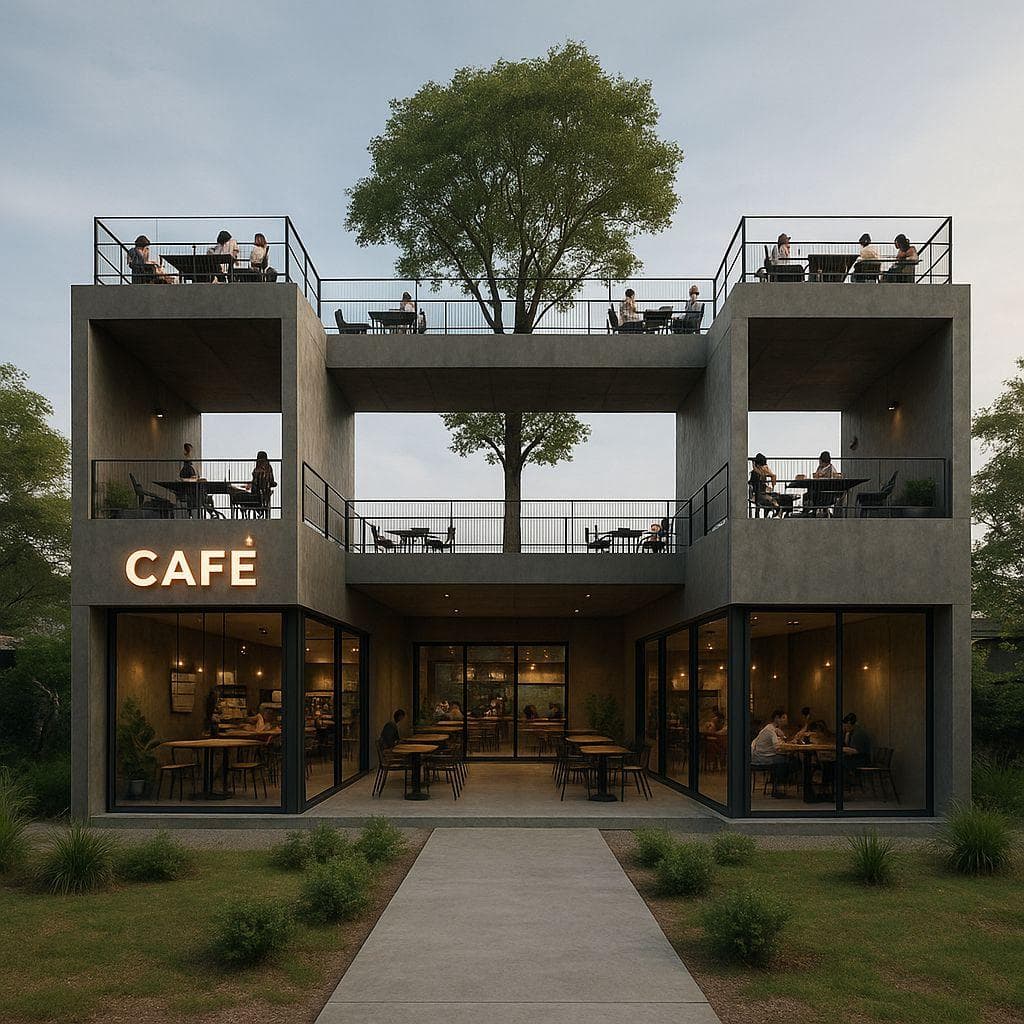 Luxury rooftop cafe interior design in Indore with aesthetic seating and warm lighting