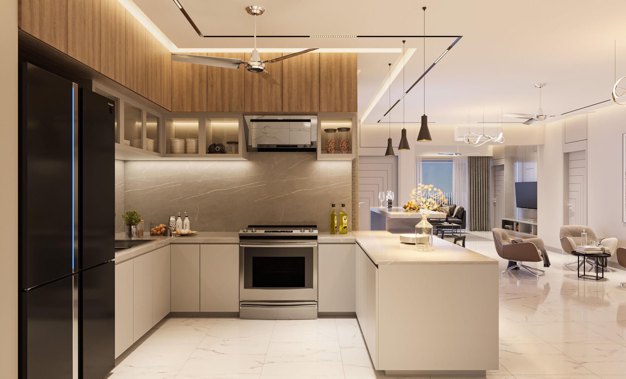 Scandinavian modular kitchen interior design in Bhopal with minimalist cabinets and wooden textures