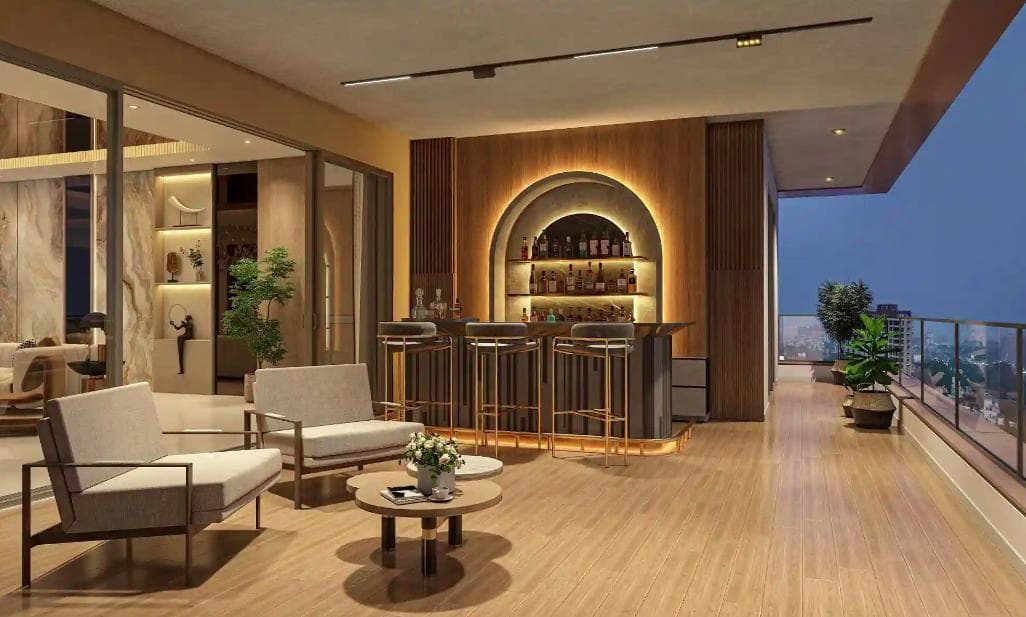 Luxury penthouse lounge interior design in Delhi with skyline view and modern decor