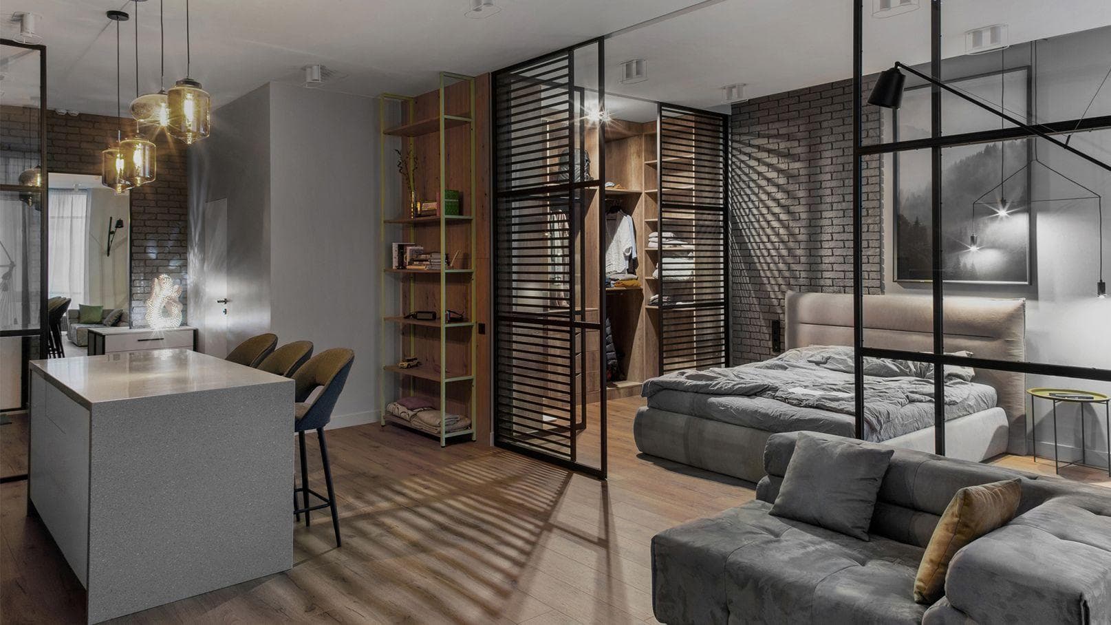 Minimal studio apartment interior design in Noida with smart furniture and modern decor