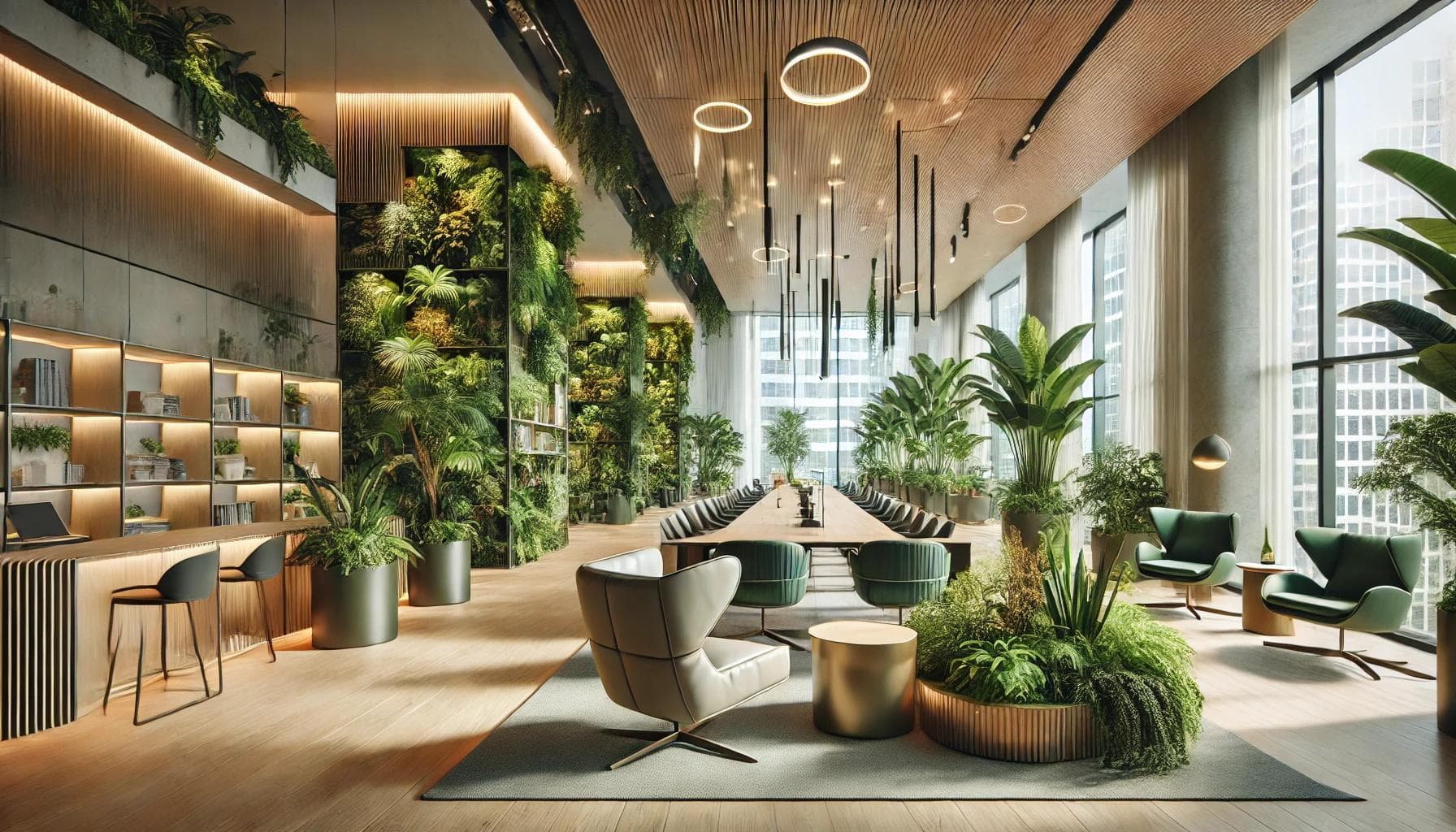Modern biophilic office interior design in Bangalore with indoor plants and collaborative workspace