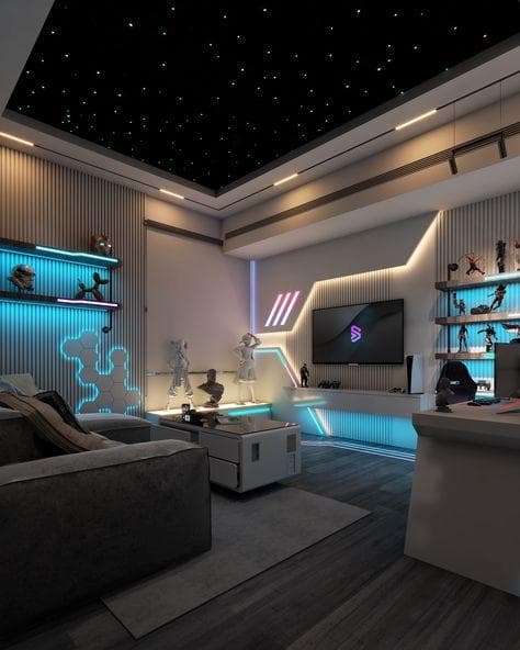 Luxury gaming and streaming room interior design in Bangalore with RGB lighting and premium setup
