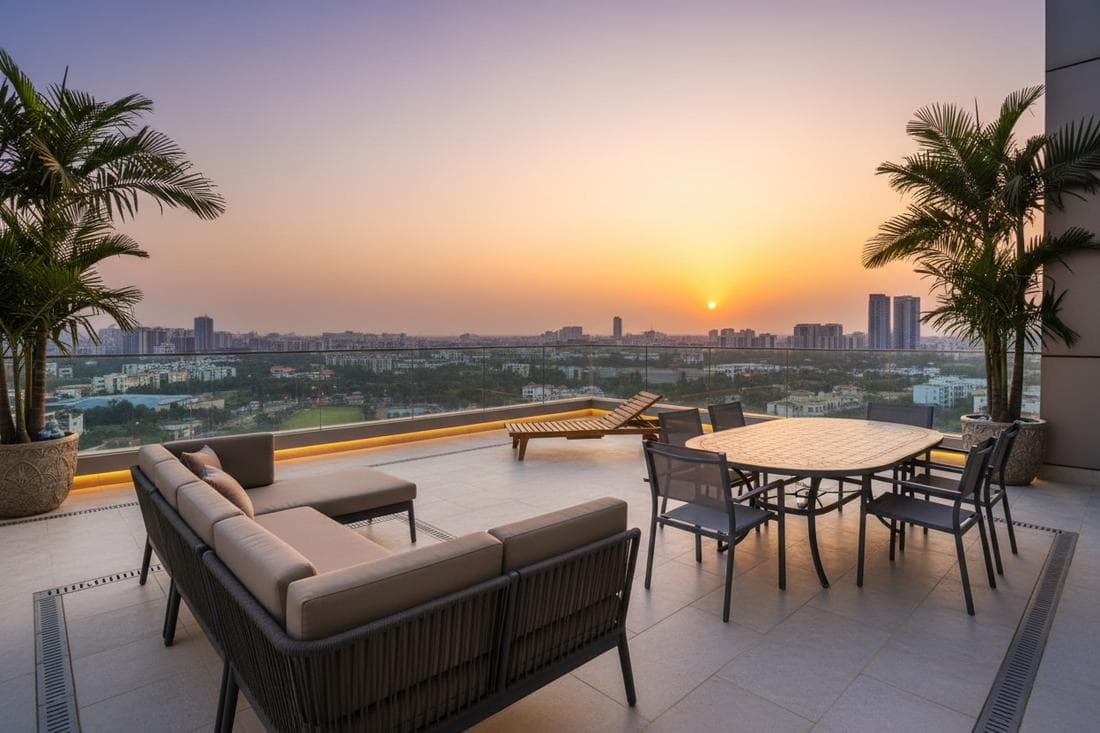 Luxury penthouse interior design in Gurgaon with skyline view and premium contemporary decor